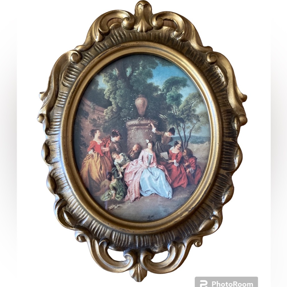 Vintage Oval Scrolling Gold Finish Plastic frame with Romantic Print.